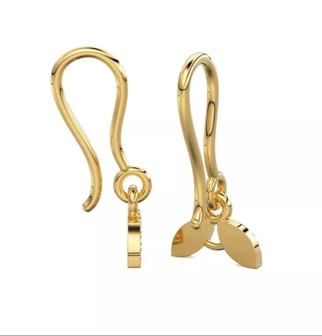 Orecchini in oro massiccio 14K con diamante a doppia foglia, piccoli ganci per orecchio 1 paio in vendita 2