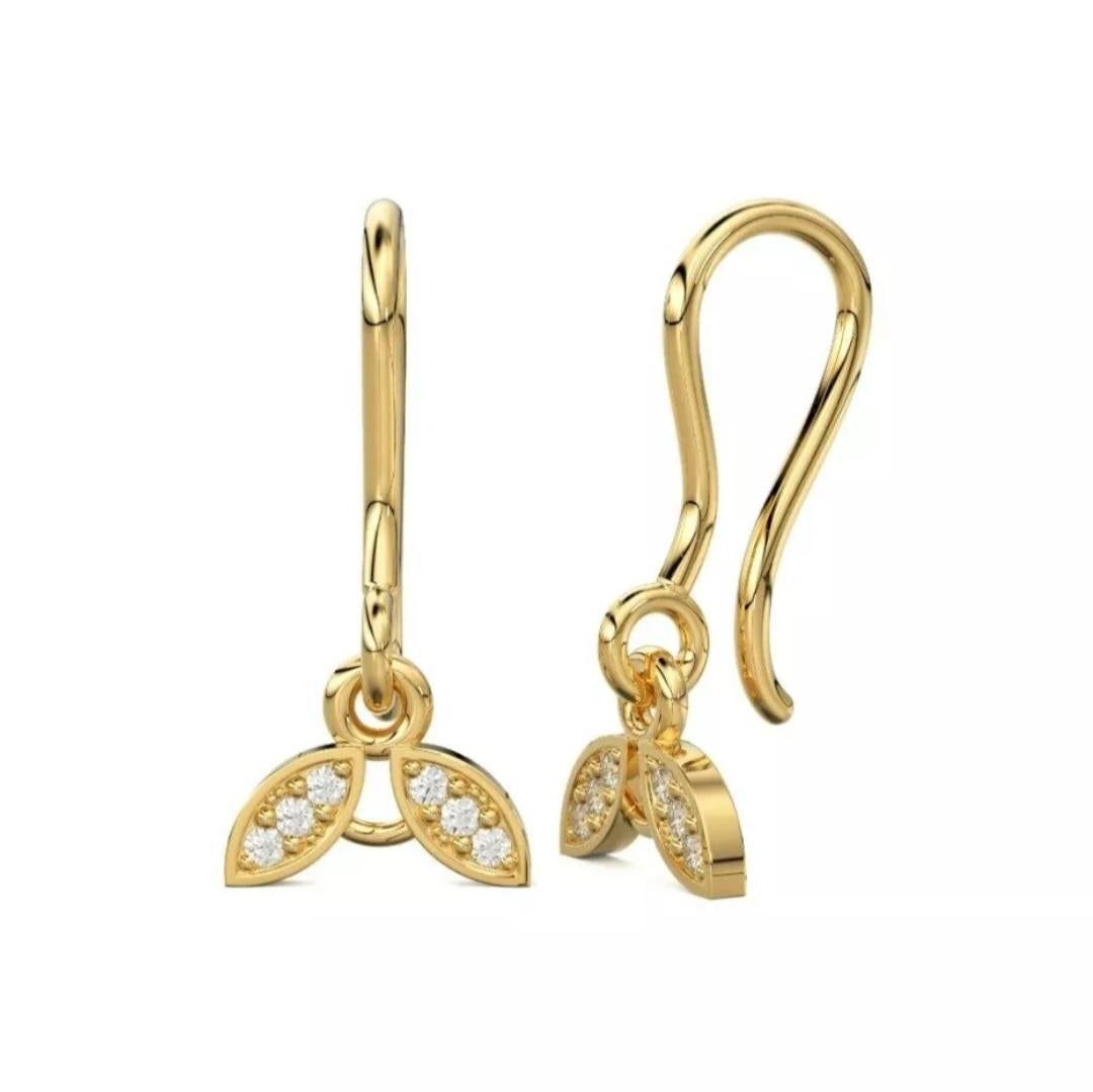Orecchini in oro massiccio 14K con diamante a doppia foglia, piccoli ganci per orecchio 1 paio in vendita 3