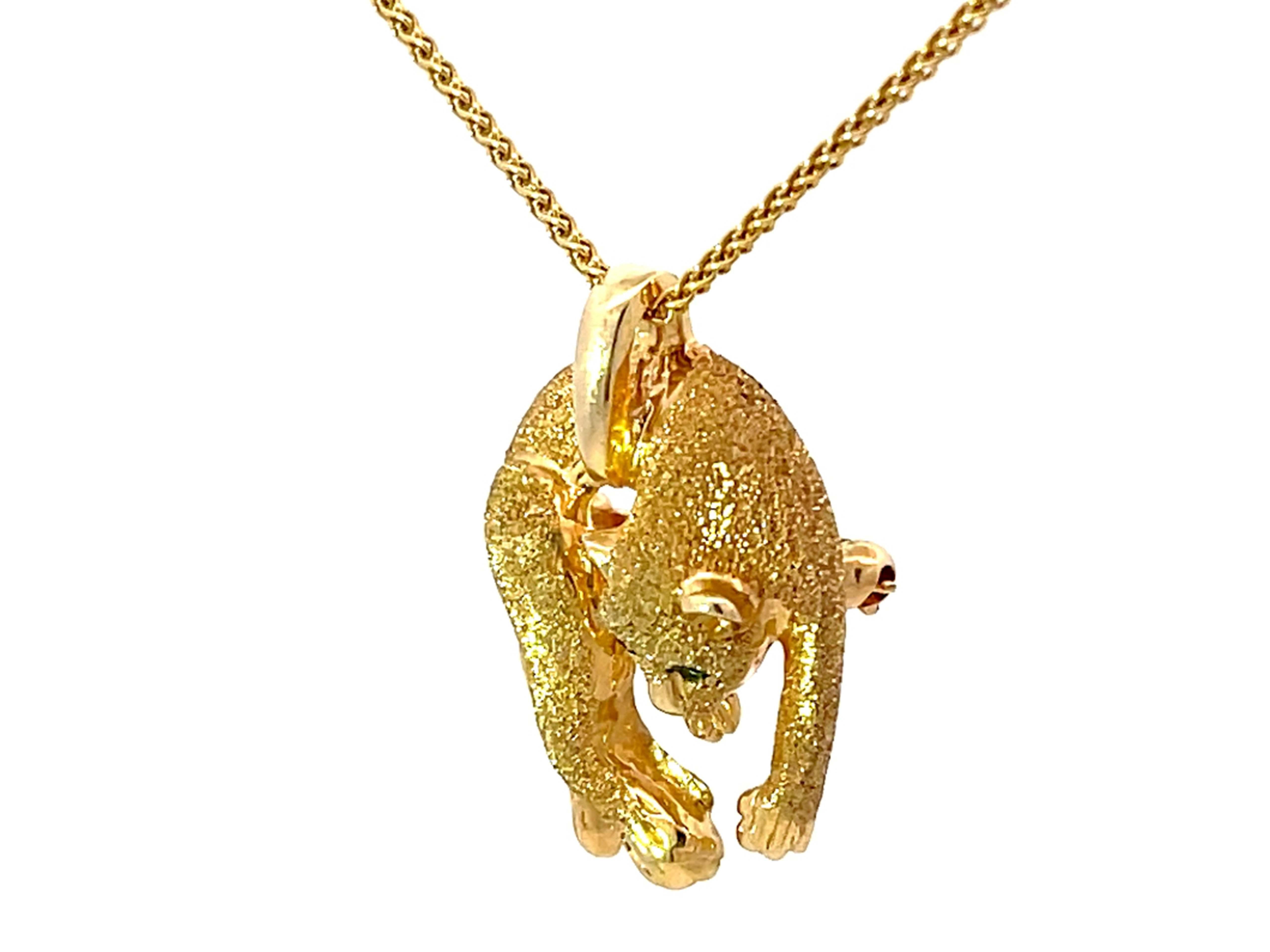 Modern 14K Solid Gold Emerald Eyes Cheetah Cat Pendant/Brooch Necklace