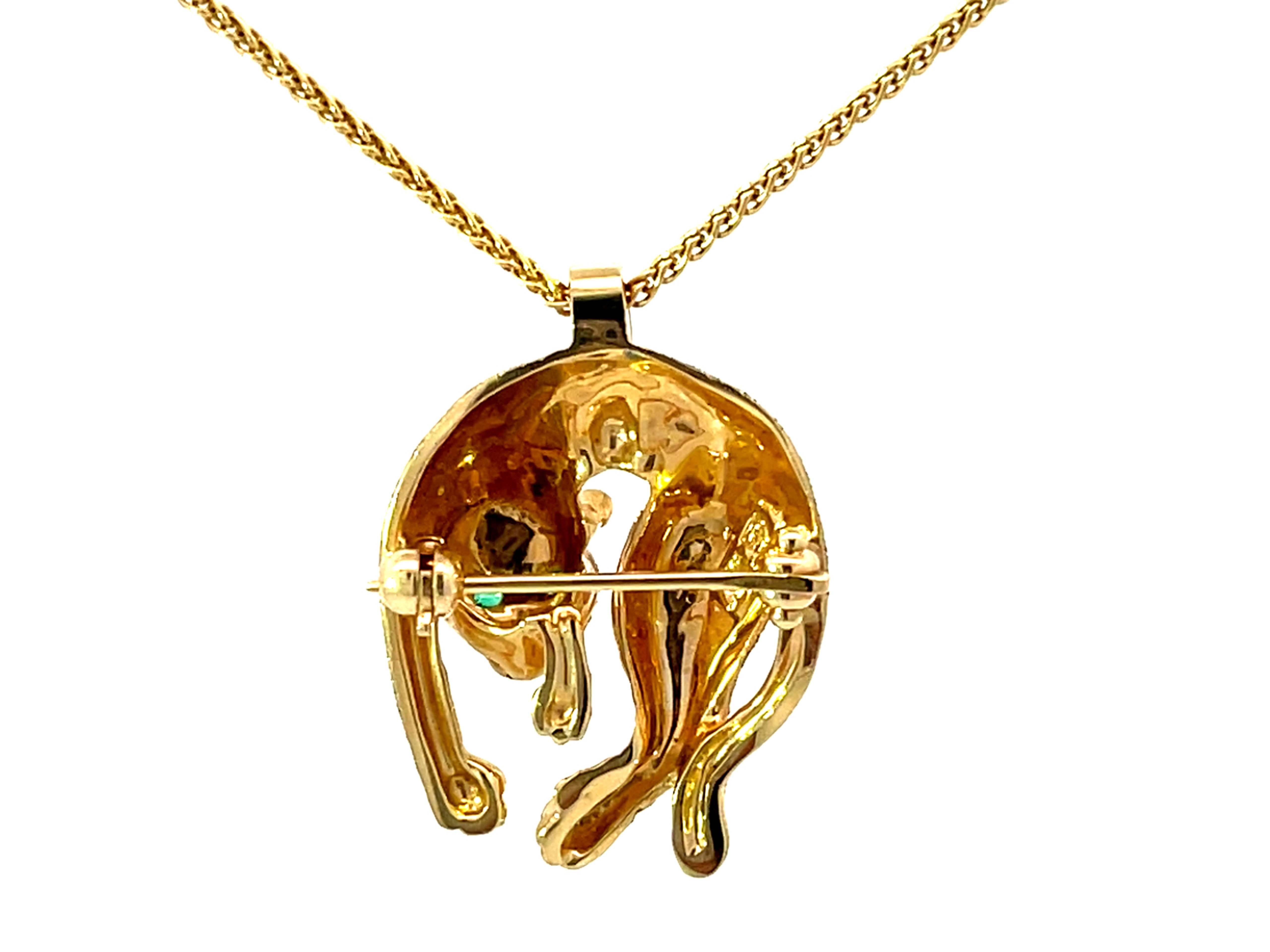 Women's 14K Solid Gold Emerald Eyes Cheetah Cat Pendant/Brooch Necklace