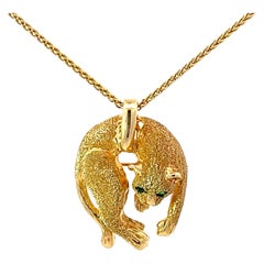 14K Solid Gold Emerald Eyes Cheetah Cat Pendant/Brooch Necklace