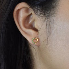 14k Solid Gold Emerald Stud Earrings Delicate Gold Heart Studs Valentine Jewelry