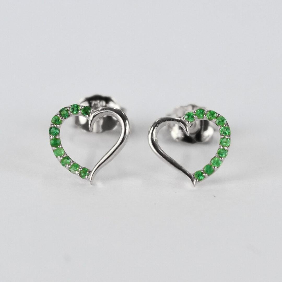 Modern 14k Solid Gold Emerald Stud Earrings Delicate Gold Heart Studs Valentine Jewelry For Sale