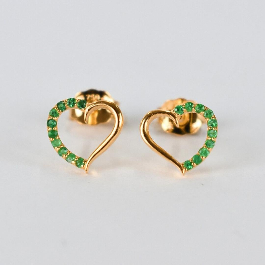 Round Cut 14k Solid Gold Emerald Stud Earrings Delicate Gold Heart Studs Valentine Jewelry For Sale