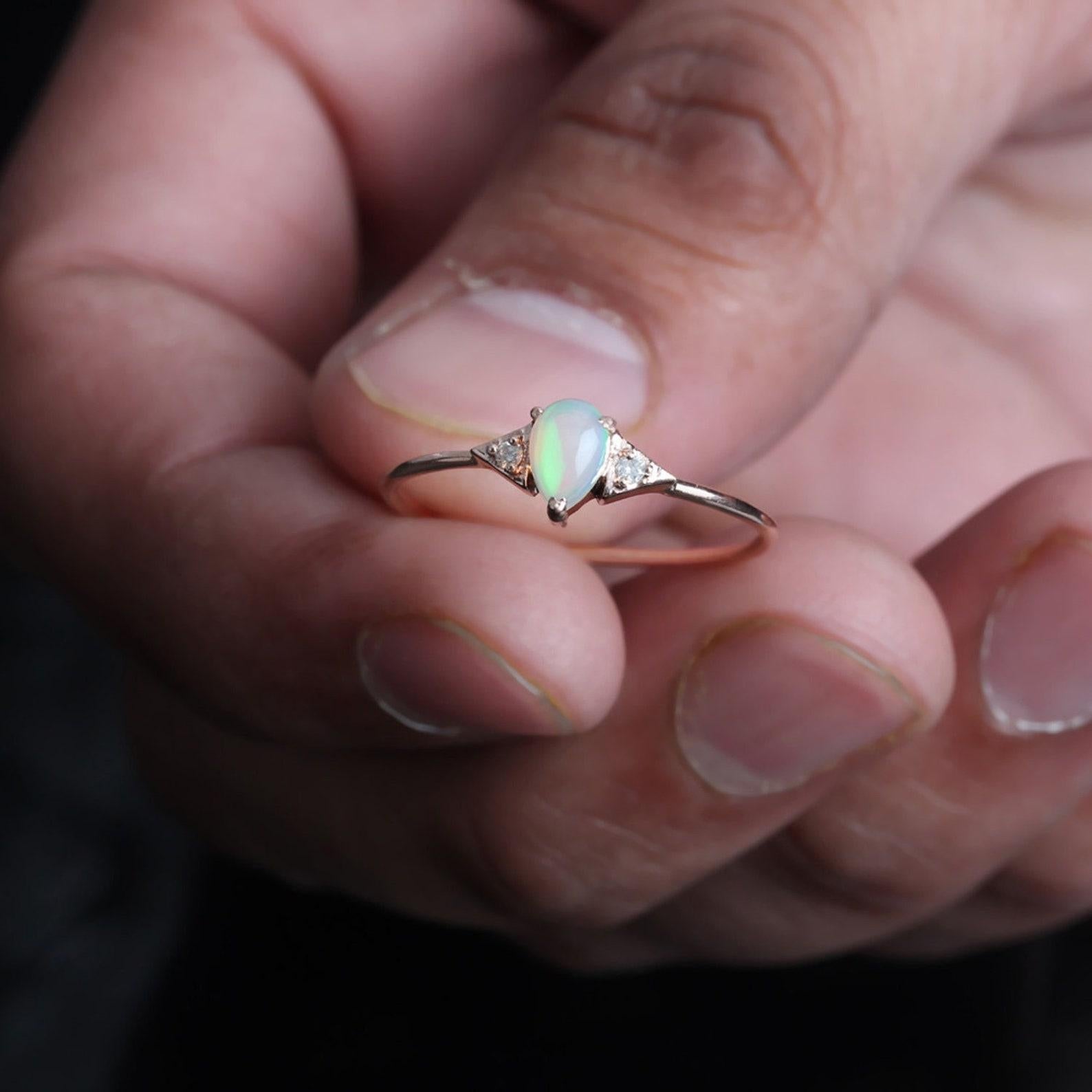 14K Solid Gold Ethiopian Opal Ring Pave Diamond Minimalist Ring Gift For Women. For Sale 4