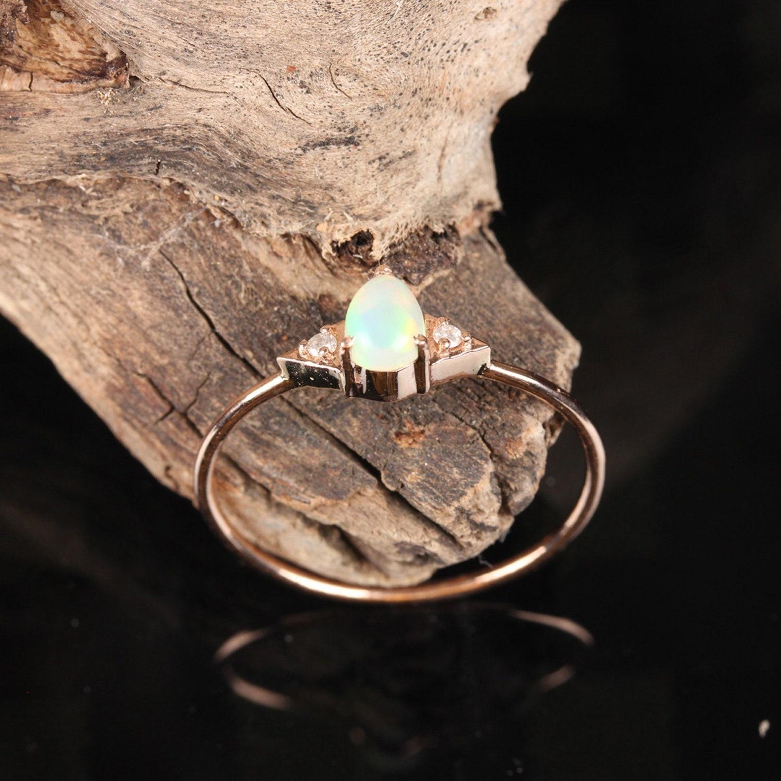 14K Solid Gold Ethiopian Opal Ring Pave Diamond Minimalist Ring Gift For Women. For Sale 5
