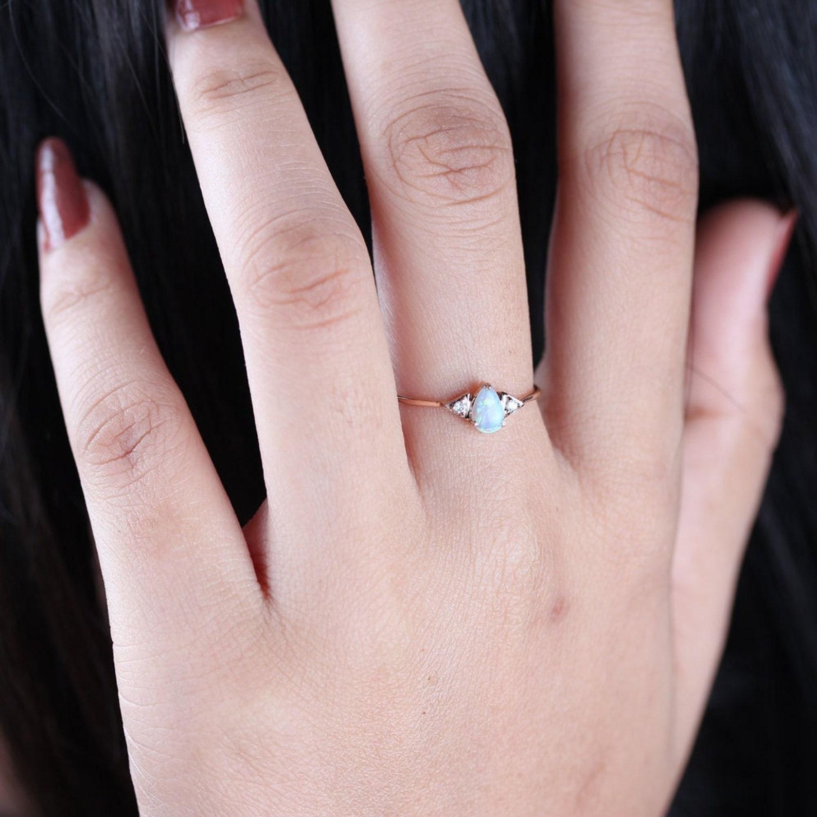 Art Deco 14K Solid Gold Ethiopian Opal Ring Pave Diamond Minimalist Ring Gift For Women. For Sale