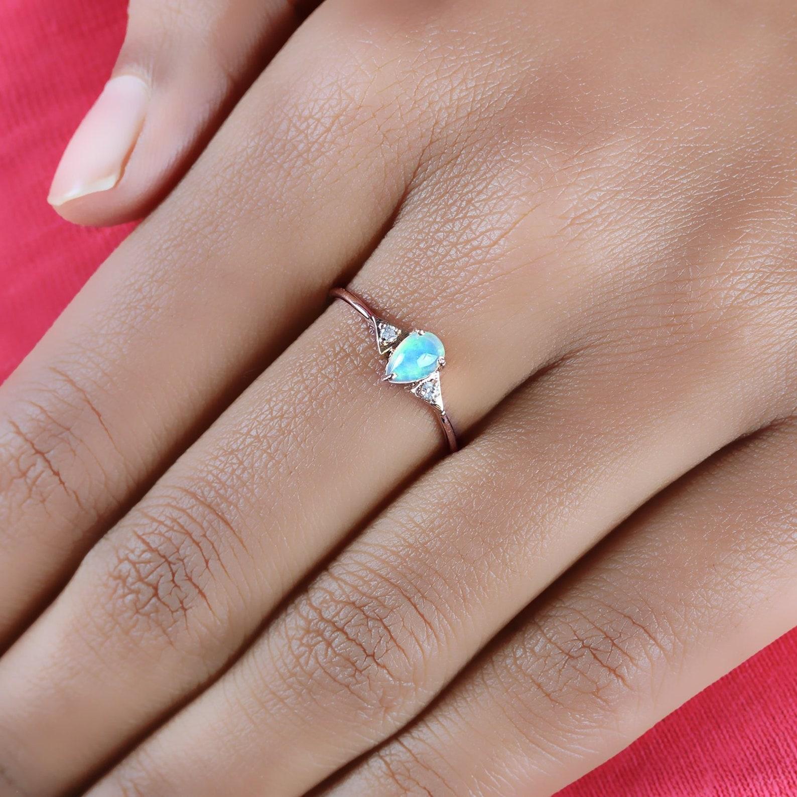 Women's or Men's 14K Solid Gold Ethiopian Opal Ring Pave Diamond Minimalist Ring Gift For Women. For Sale
