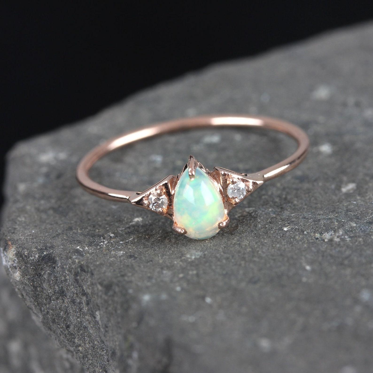 14K Solid Gold Ethiopian Opal Ring Pave Diamond Minimalist Ring Gift For Women. For Sale 2