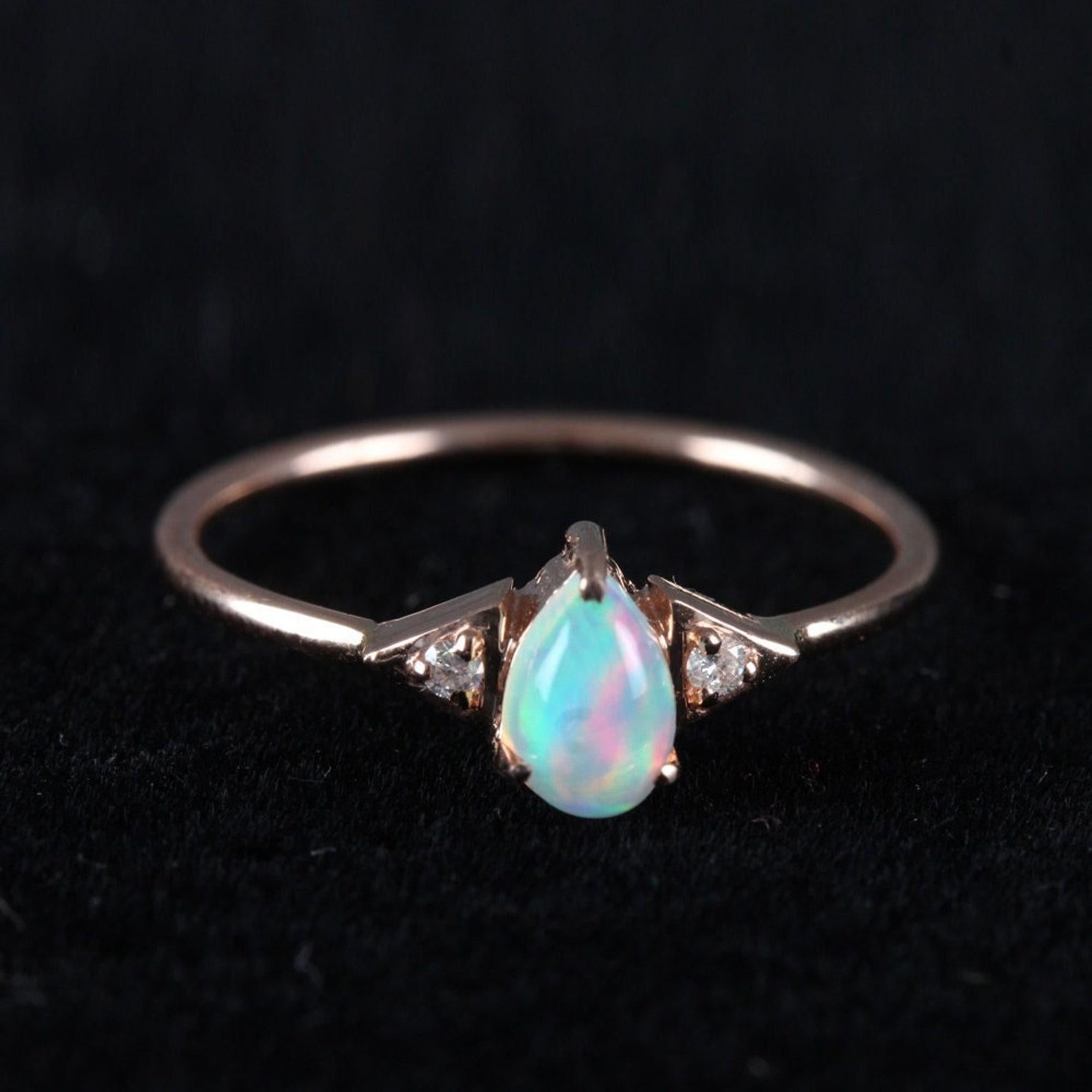14K Solid Gold Ethiopian Opal Ring Pave Diamond Minimalist Ring Gift For Women. For Sale 3