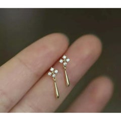 14K Solid Gold European Simple Snowflake Drop Earring Natural Diamond