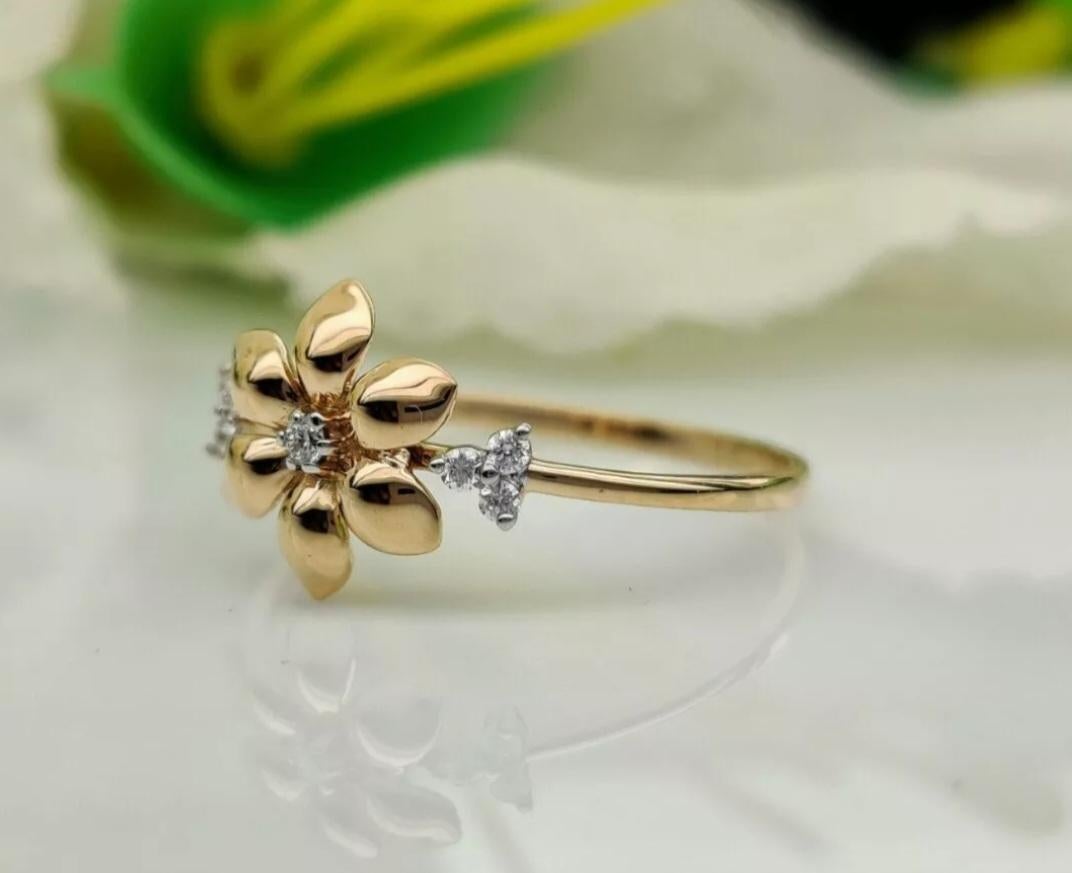 Anillo de Diamantes Floral de Oro Macizo de 14k Anillo de Aniversario de Diamantes Minimalista Regalo Corte redondo en venta