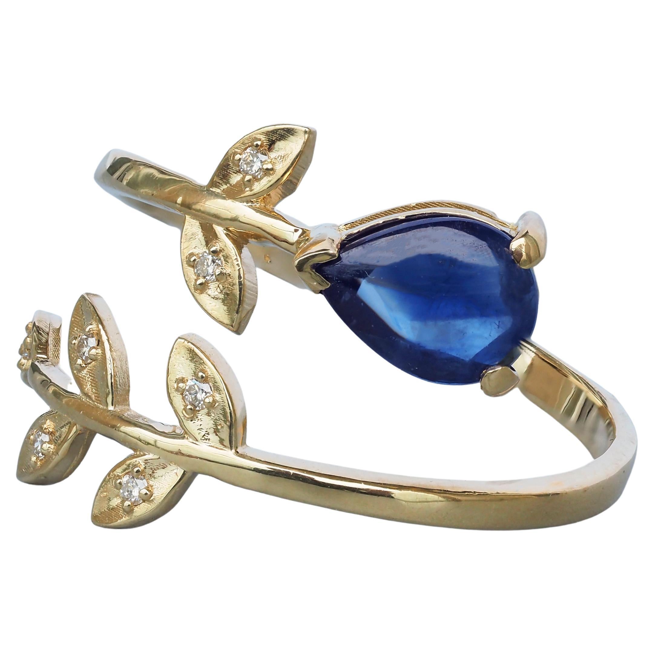 For Sale:  14k Solid Gold "Floral" Ring with Natural Sapphire and Diamonds