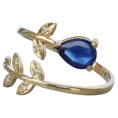14k Solid Gold "Floral" Ring with Natural Sapphire and Diamonds