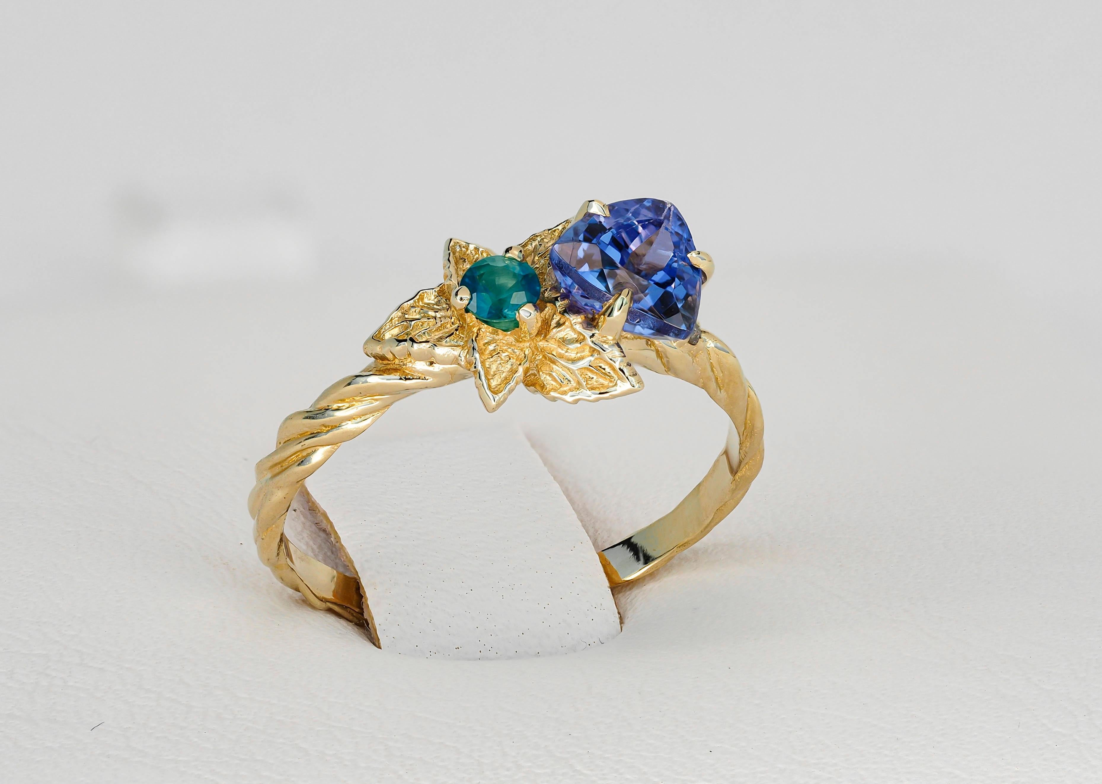 For Sale:  Tanzanite and diamonds 14k gold ring. Flower design ring with tanzanite. 6
