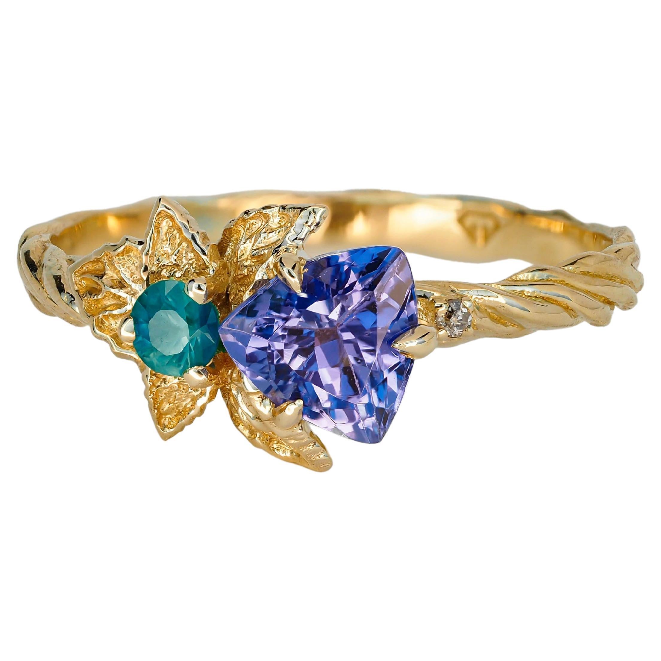 For Sale:  Tanzanite and diamonds 14k gold ring. Flower design ring with tanzanite. 5