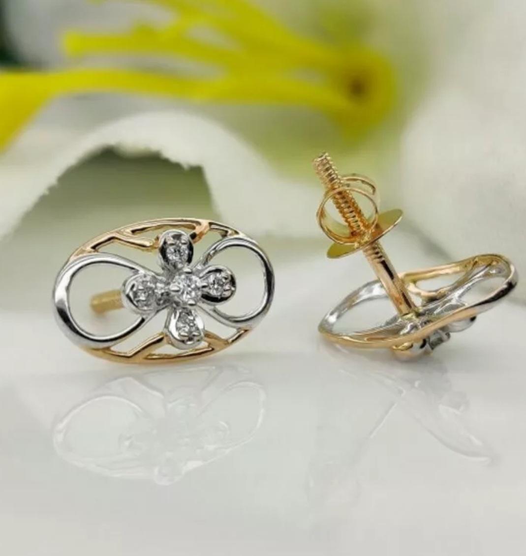 Art Deco 14k Solid Gold Flower Stud Earring Natural Diamond Floral Gold Earring Jewelry For Sale