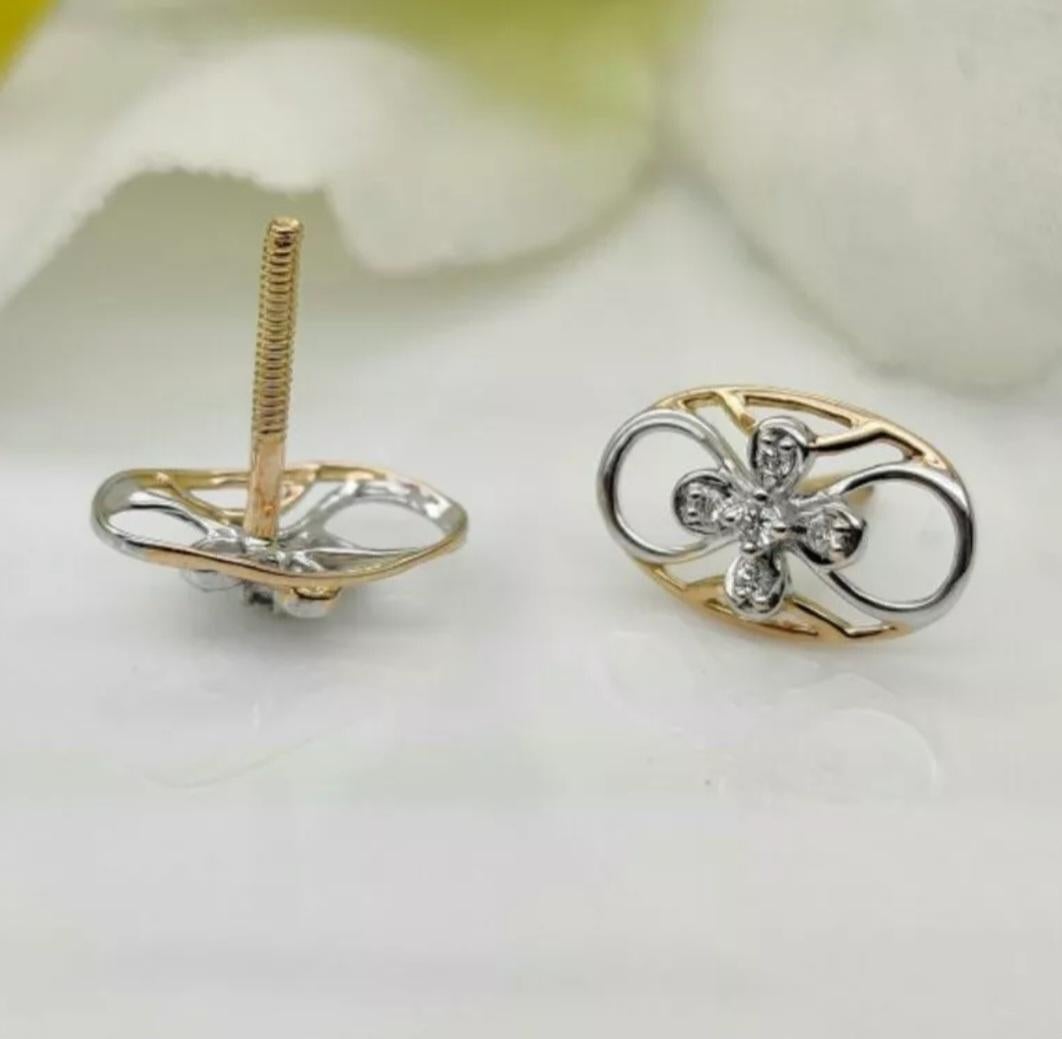 Round Cut 14k Solid Gold Flower Stud Earring Natural Diamond Floral Gold Earring Jewelry For Sale
