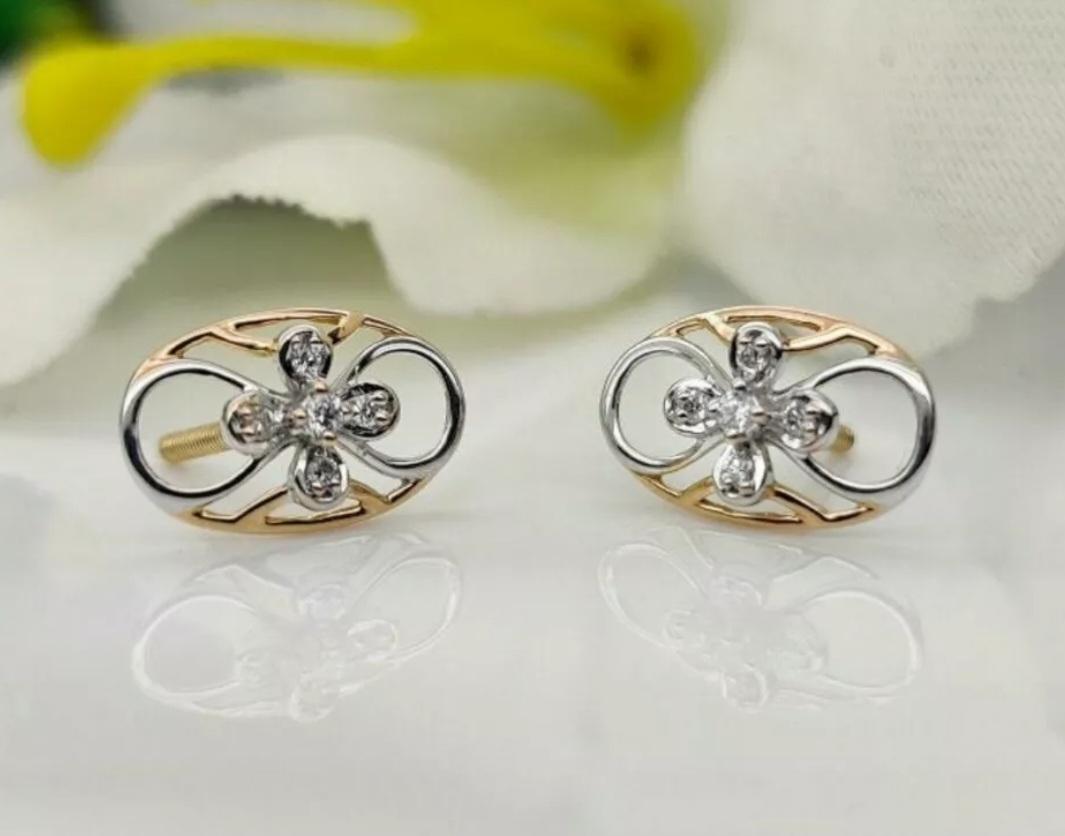 Women's or Men's 14k Solid Gold Flower Stud Earring Natural Diamond Floral Gold Earring Jewelry For Sale