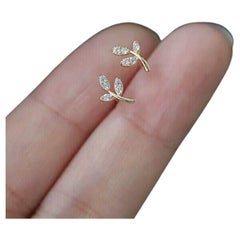 14K Solid Gold French Simple Leaf Tree Life Stud Earrings Natural Diamond Studs.