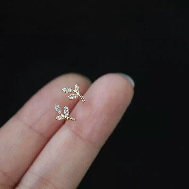 14K Solid Gold French Simple Leaf Tree Life Stud Earrings Natural Diamond Studs 2