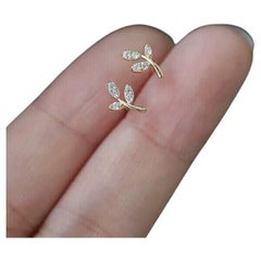 14K Solid Gold French Simple Leaf Tree Life Stud Earrings Natural Diamond Studs