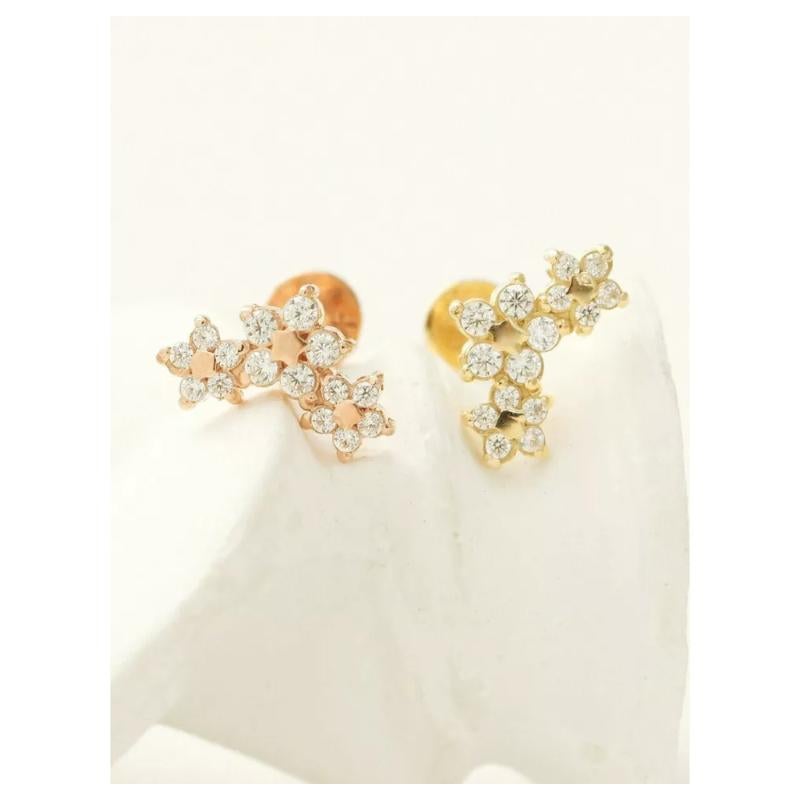Round Cut 14k Solid Gold Genuine Diamond Earrings Triple Stars Threaded Piercing For Sale