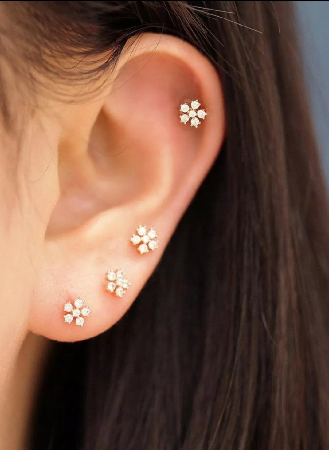 Women's or Men's 14K Solid Gold Genuine Diamond Snowflake Cartilage Flower Ear Stud Piercing Gift For Sale