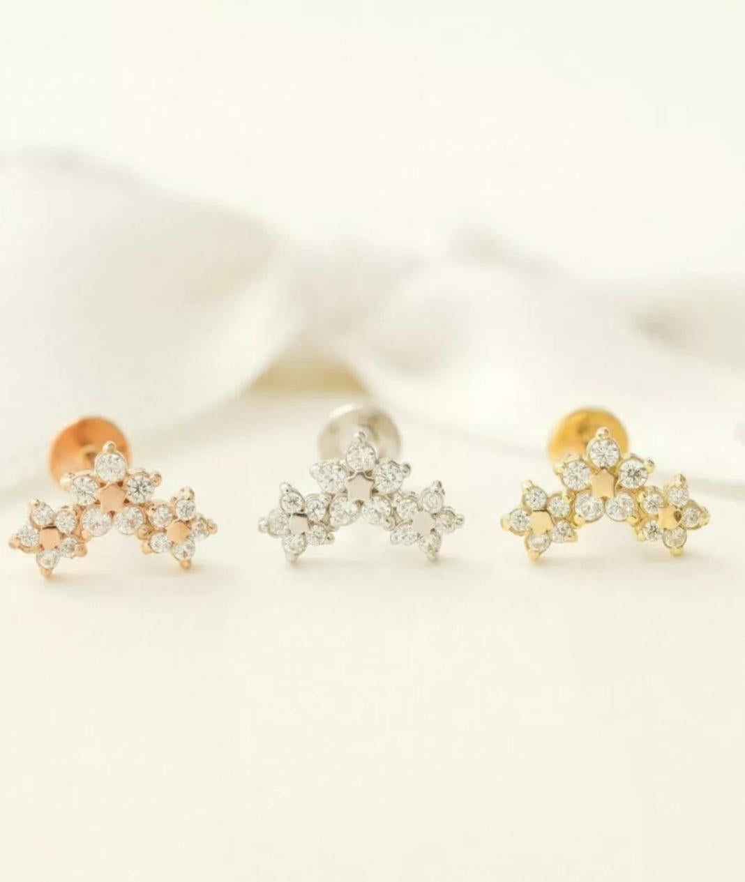 14k Solid Gold Genuine Diamond Star Earrings Triple Stars Threaded Piercing For Sale 5