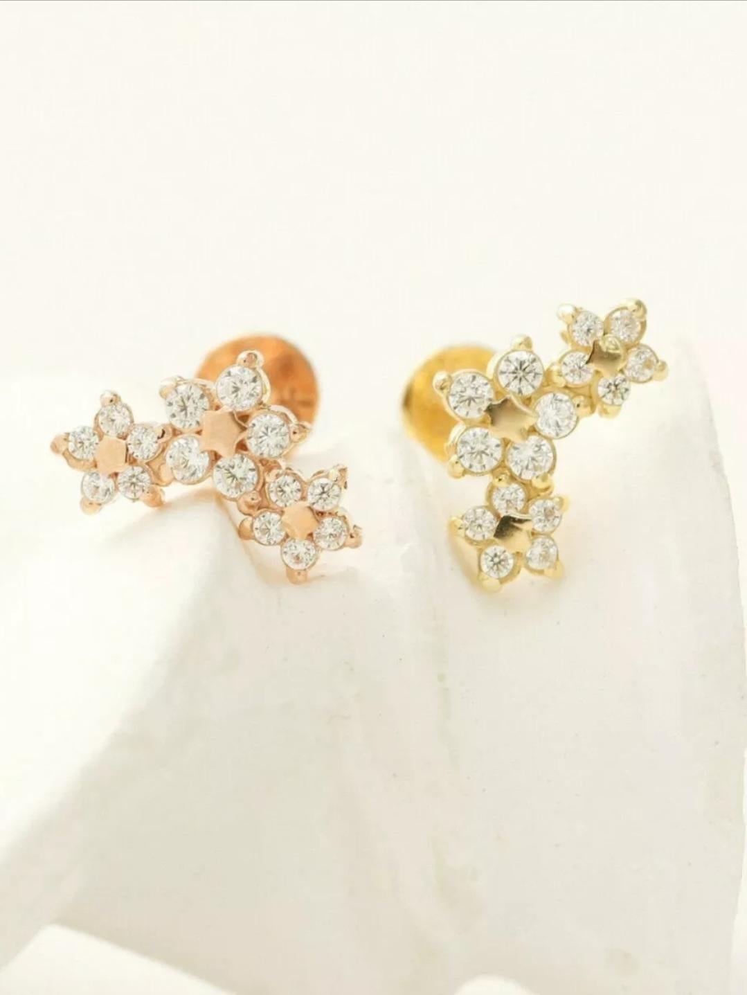 14k Solid Gold Genuine Diamond Star Earrings Triple Stars Threaded Piercing For Sale 3