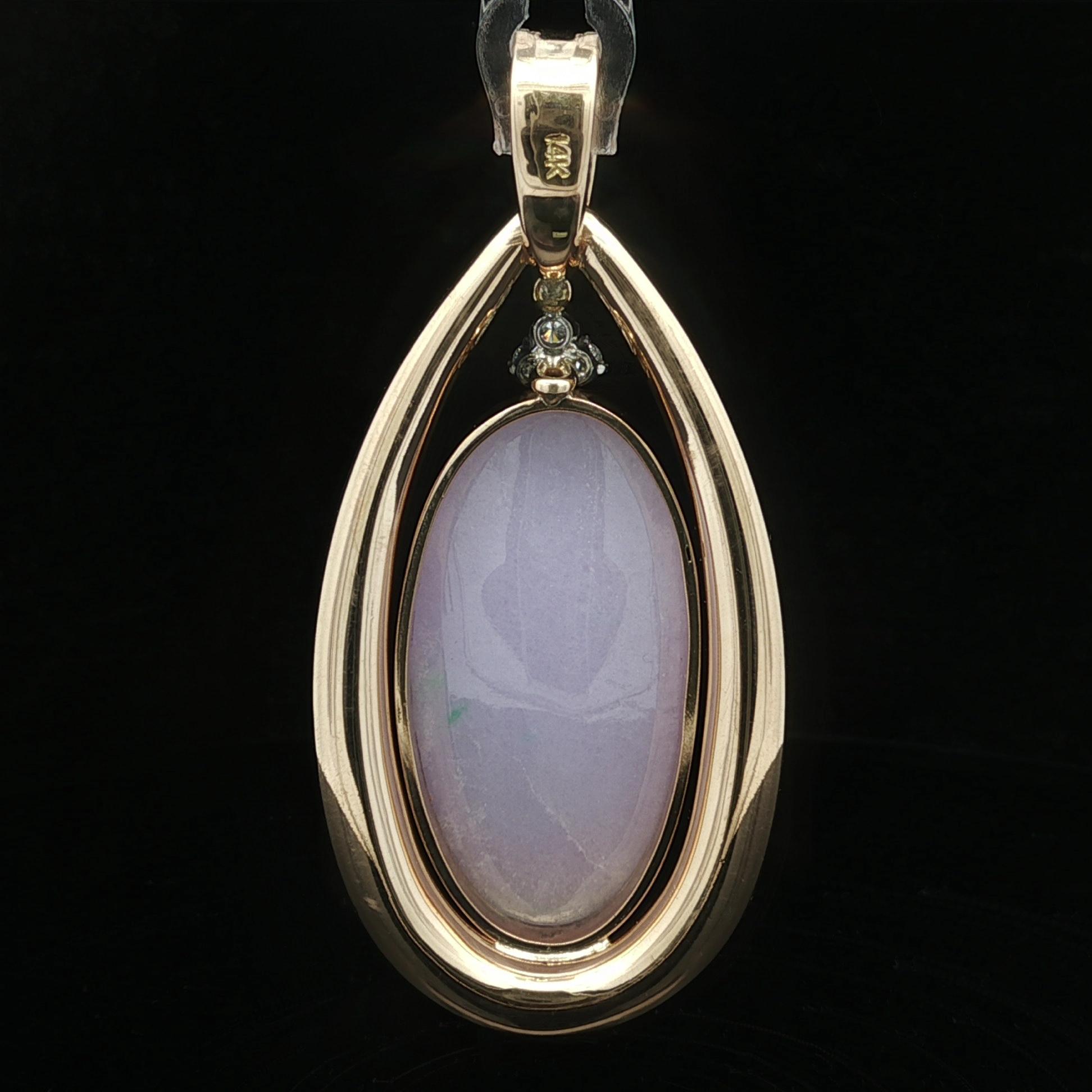 Pendentif diamant en or massif 14k GIA Jade A de Birmanie ovale violet et lavande en vente 2