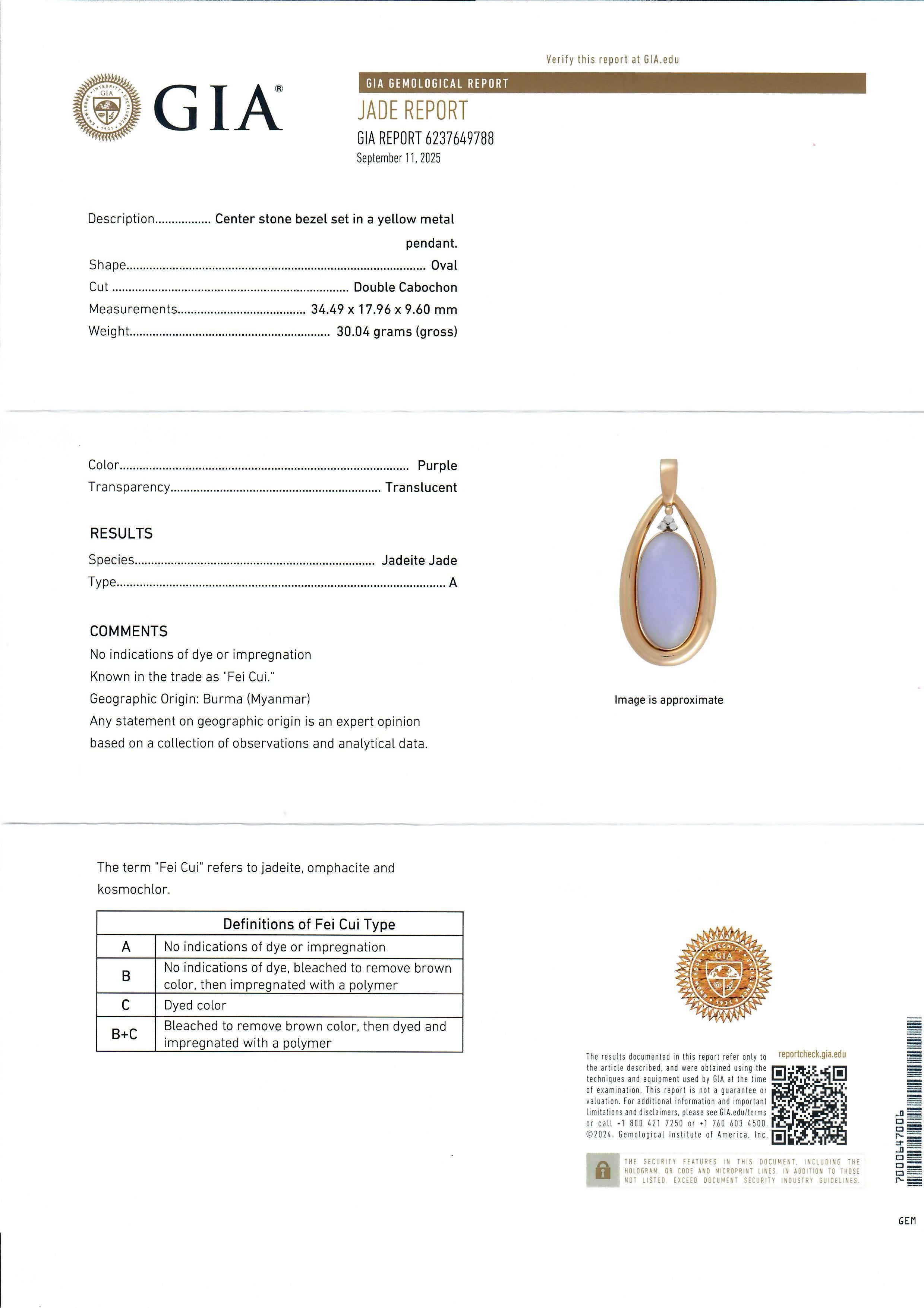 Pendentif diamant en or massif 14k GIA Jade A de Birmanie ovale violet et lavande en vente 3