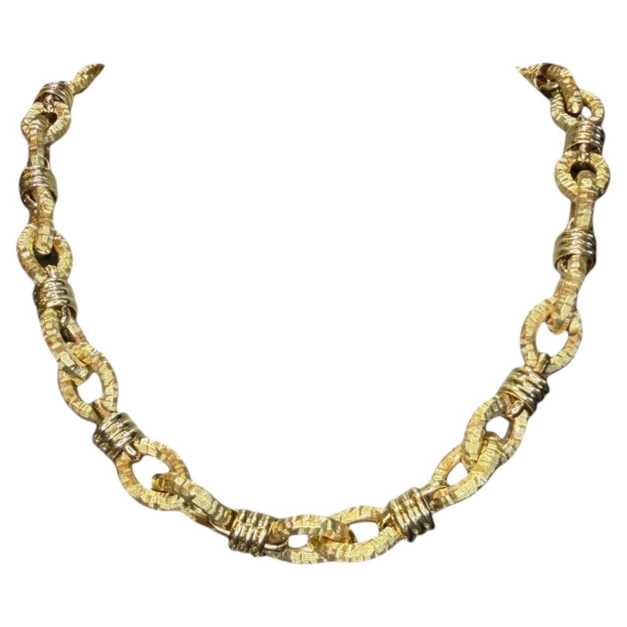 Collar de eslabones martillados de oro macizo de 14 quilates Cadena de fantasía italiana con cierre basculante