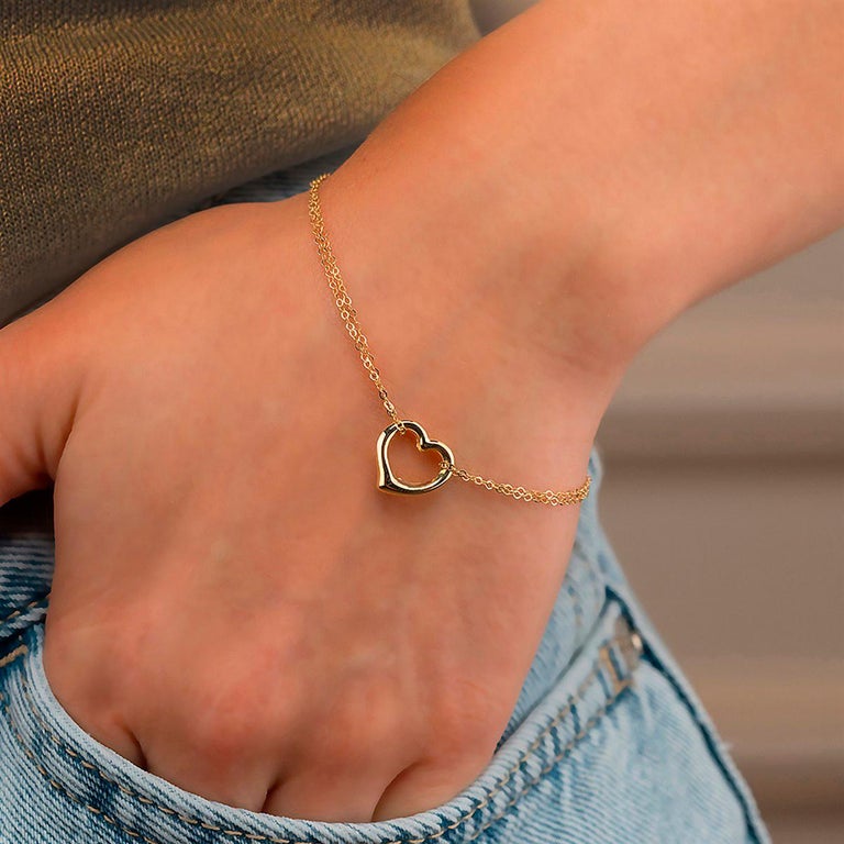 14k Solid Gold Heart Charm Bracelet, Tiny Heart Charm Gold Chain
