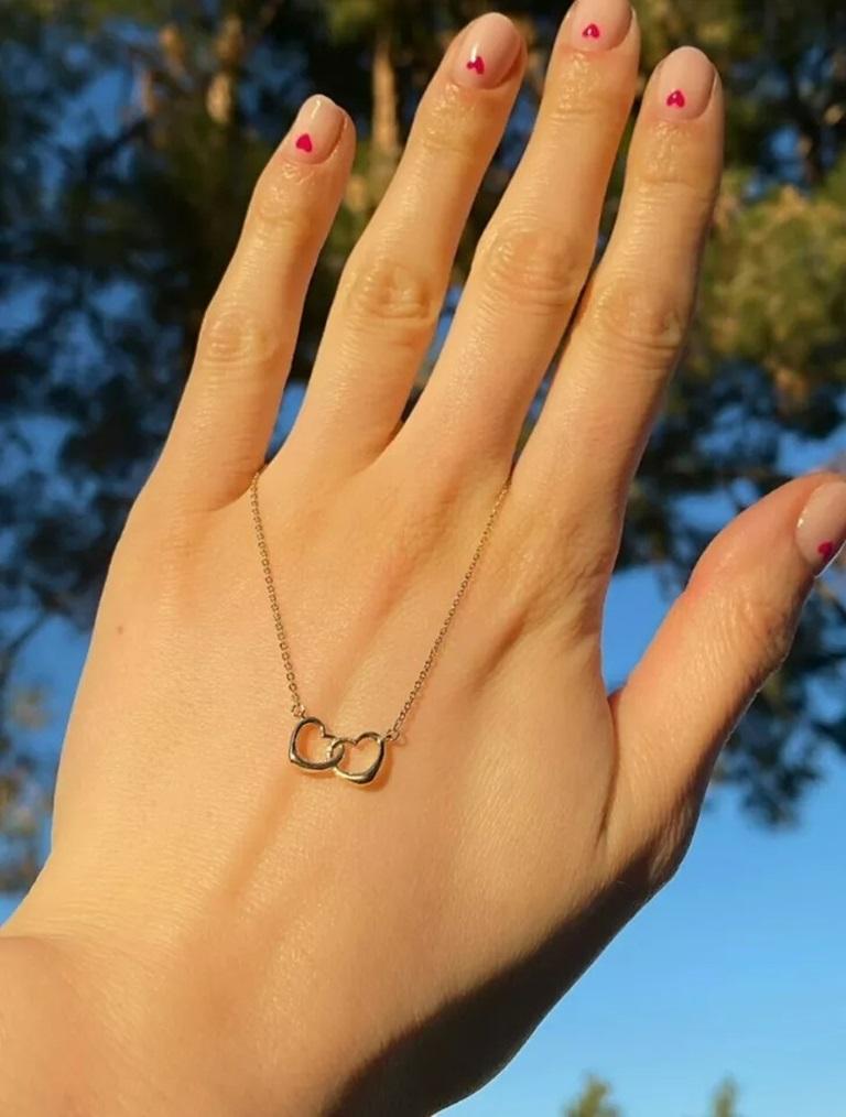 Women's Dainty Two Heart Gold Necklace in 14K Solid Gold For Sale