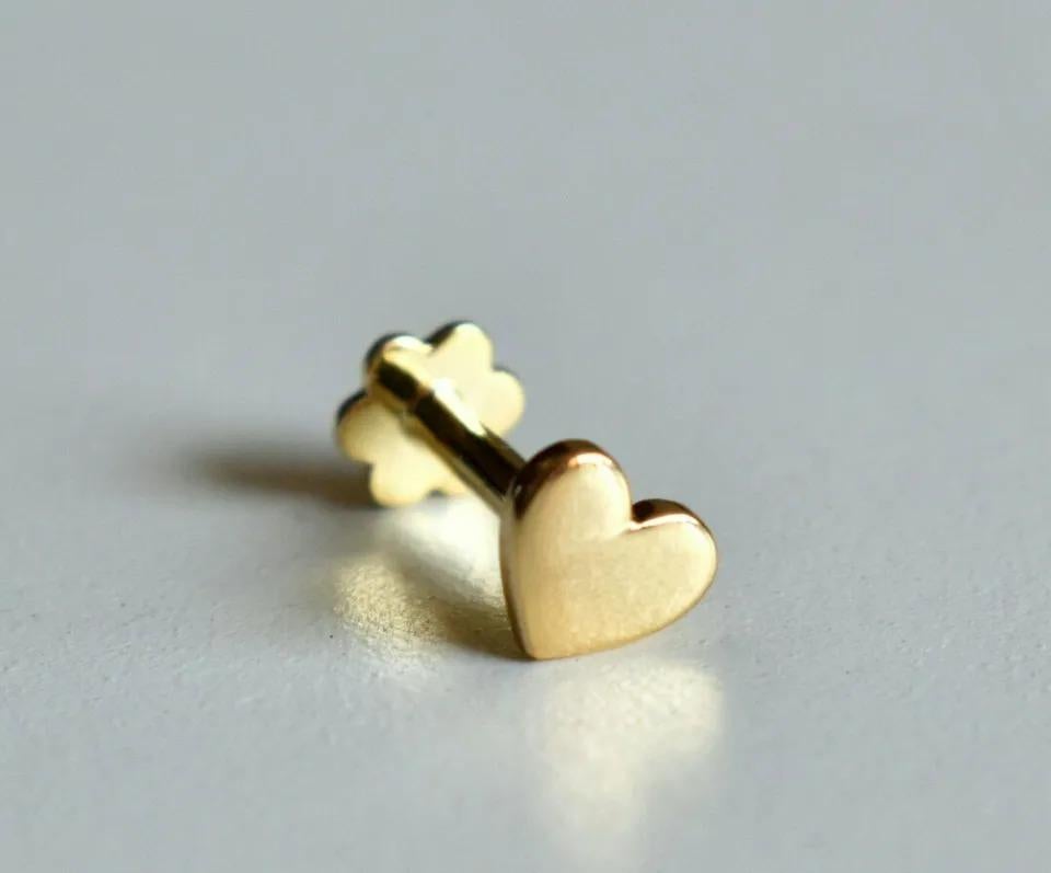 Women's or Men's 14k Solid Gold Heart Nose Piercing Delicate Tiny Nose Ring Body Piercing Ring. For Sale