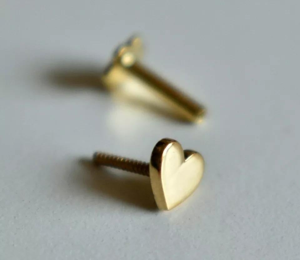 14k Solid Gold Heart Nose Piercing Delicate Tiny Nose Ring Body Piercing Ring. For Sale 3