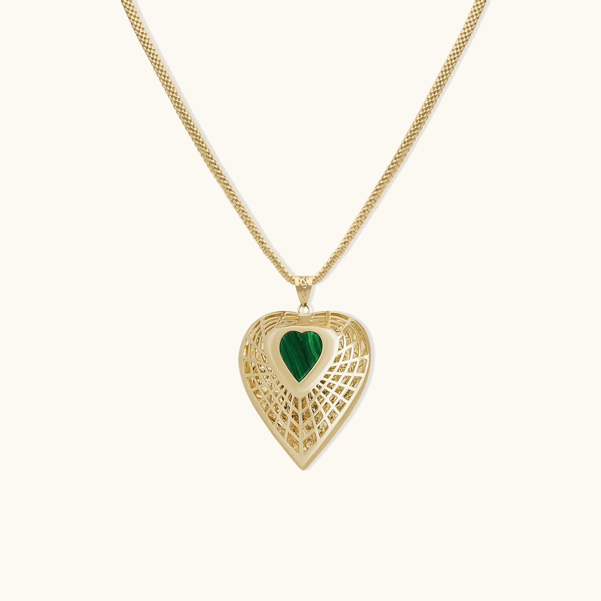 Colgante Corazón de Oro Macizo de 14K con Malaquita Natural - Joyería fina hecha a mano Cabujón en venta