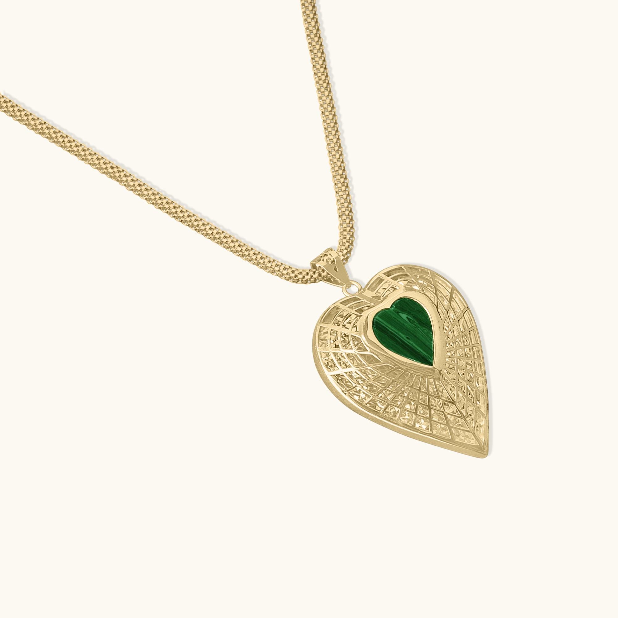 Femenino o masculino Colgante Corazón de Oro Macizo de 14K con Malaquita Natural - Joyería fina hecha a mano en venta
