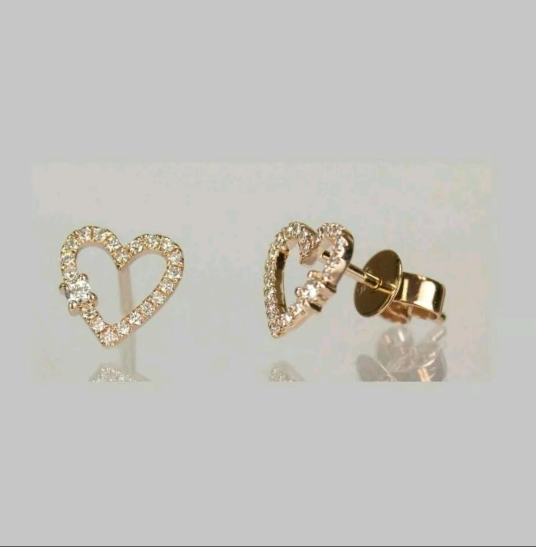 Art Deco 14K Solid Gold Heart Shape Earring Studs Natural Diamond Handmade Jewelry For Sale