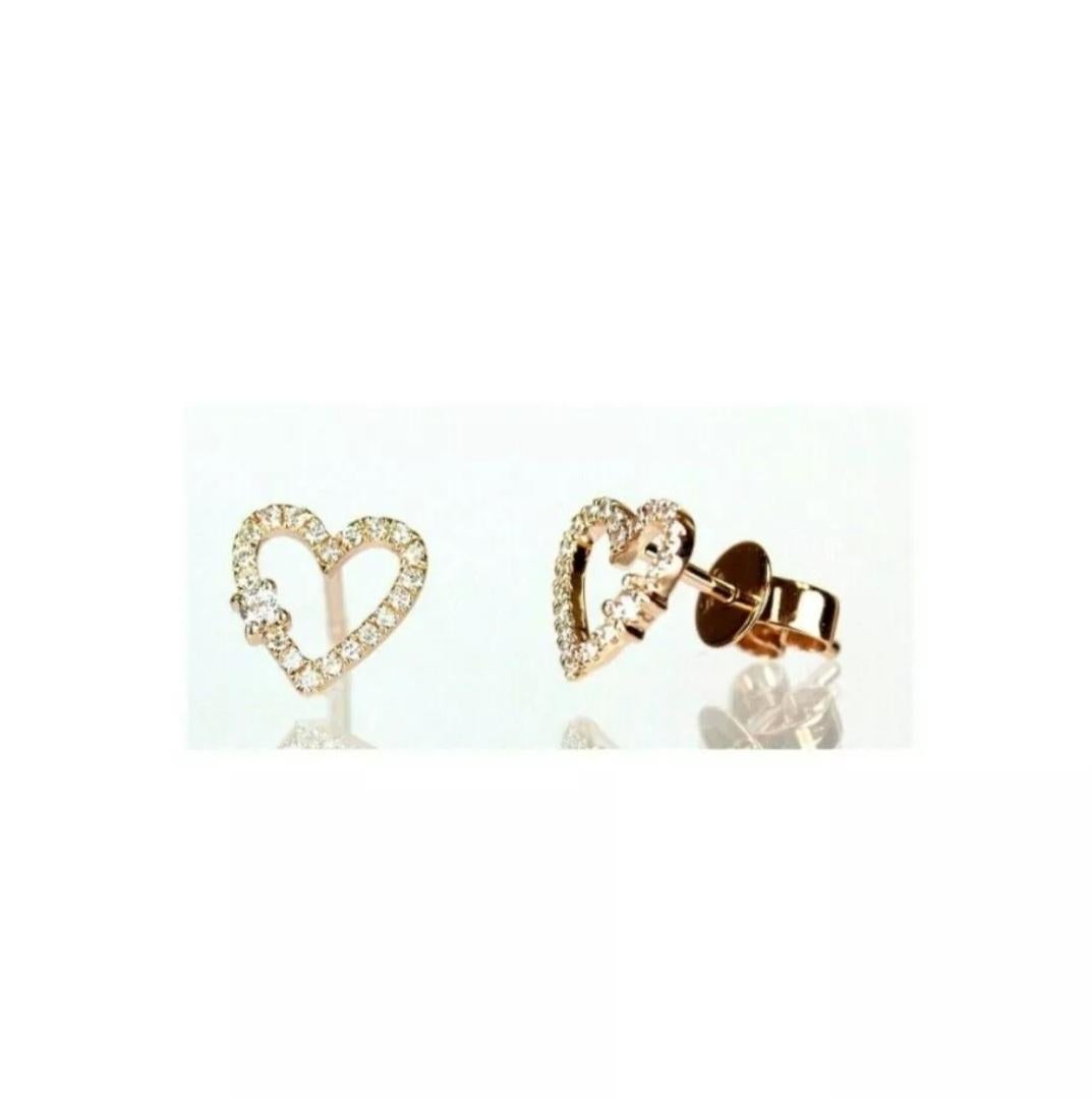 Round Cut 14K Solid Gold Heart Shape Earring Studs Natural Diamond Handmade Jewelry For Sale