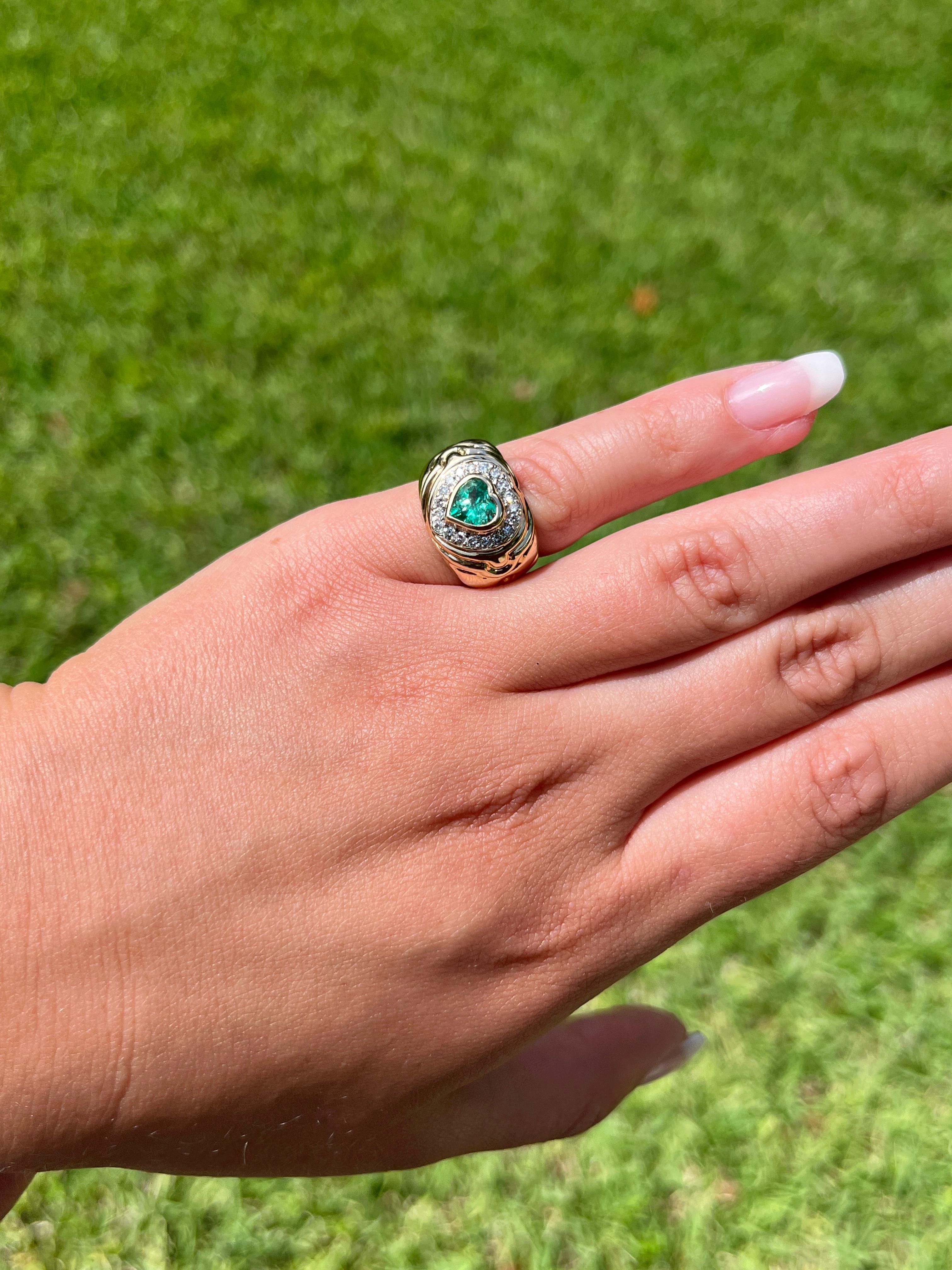 Romantic 14K Solid Gold Heart Shape Emerald Diamond Thick Pinky Ring Textured Gold For Sale