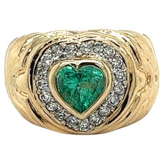 14k Solid Gold Heart Shape Emerald & Diamond Thick Pinky Ring with Textured Gold