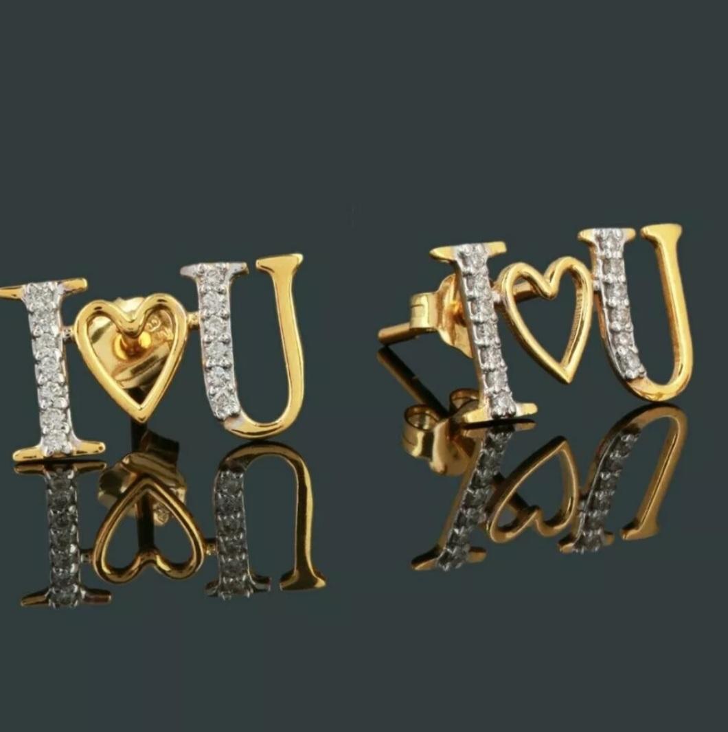 Art Deco 14K Solid Gold I Love U Sign Stud Earring Handmade Diamond Earring For Women. For Sale