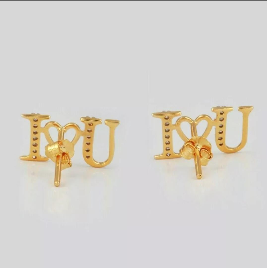 Round Cut 14K Solid Gold I Love U Sign Stud Earring Handmade Diamond Earring For Women. For Sale