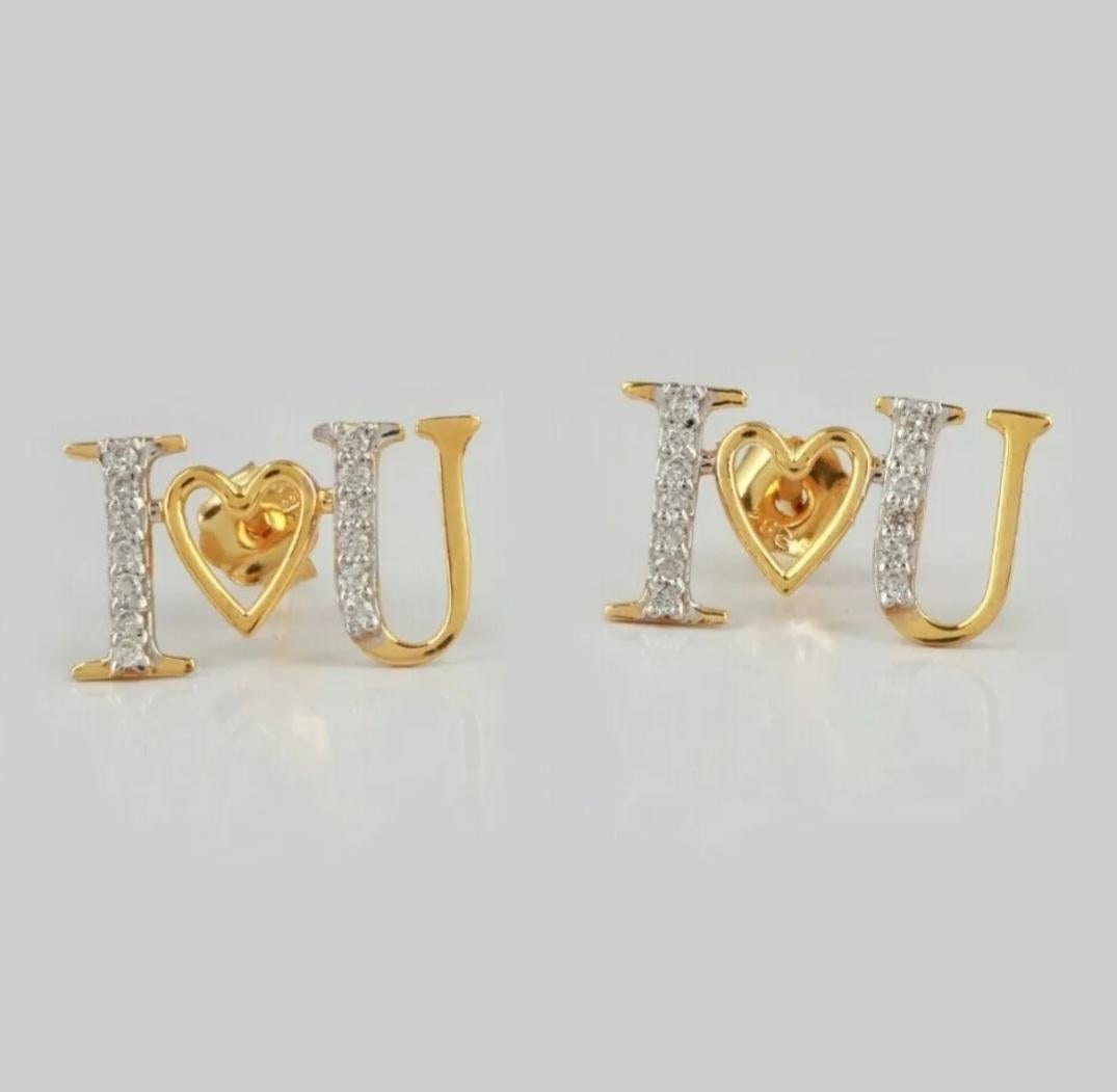 Women's or Men's 14K Solid Gold I Love U Sign Stud Earring Handmade Diamond Earring For Women. For Sale