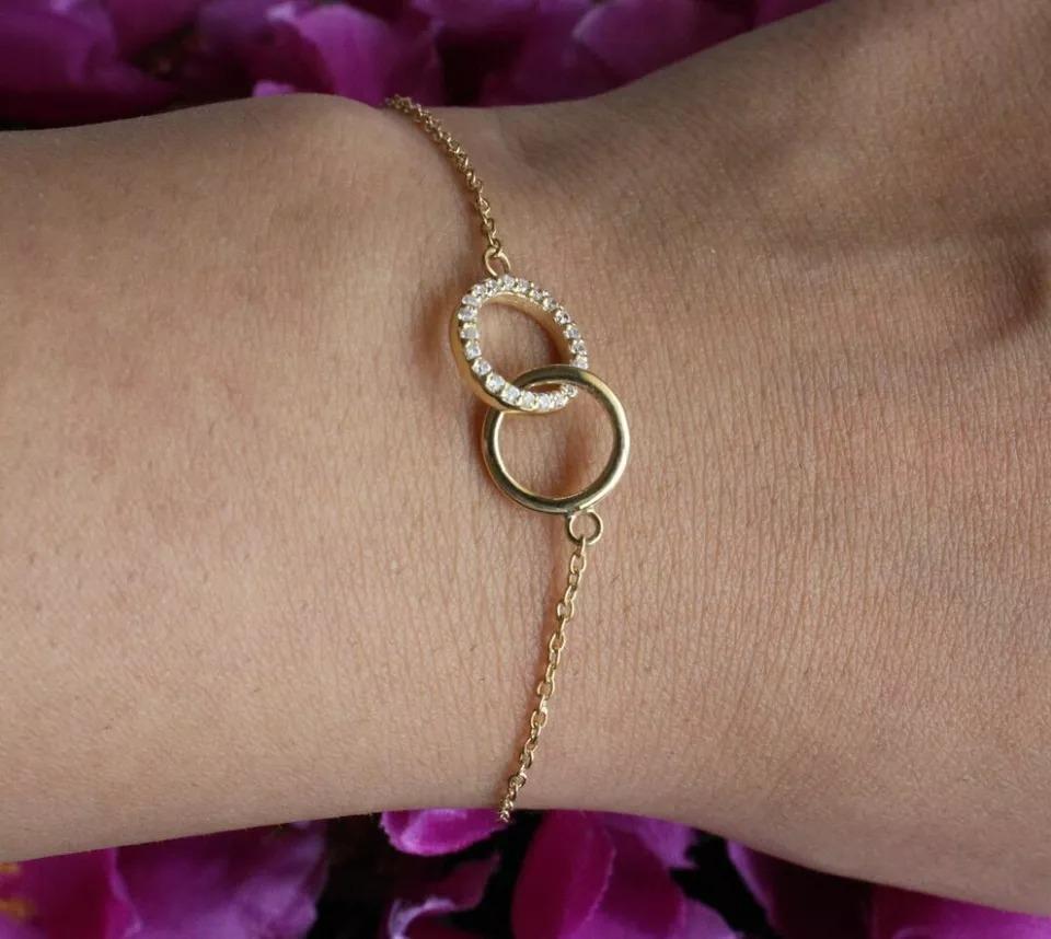 14k Massivgold Eternity-Armband mit ineinandergreifenden Kreisen und Kette (Rundschliff) im Angebot