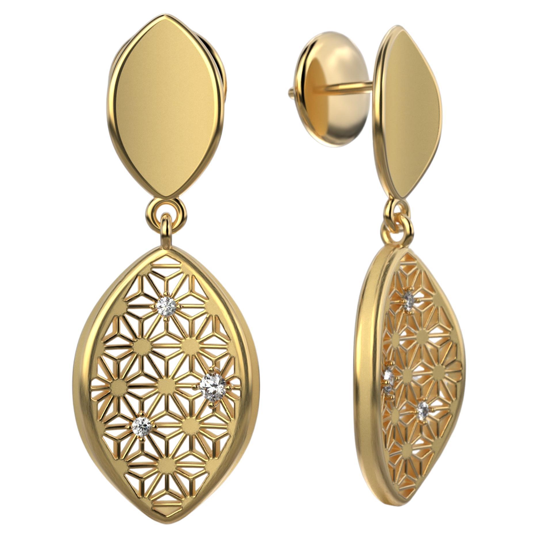 14k Solid Gold Italian Diamond Earrings with Japanese Sashiko Pattern For Sale