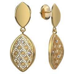 14k Solid Gold Italian Diamond Earrings with Japanese Sashiko Pattern