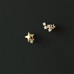 14K Solid Gold Japanese Asymmetric Star Diamond Stud Earrings